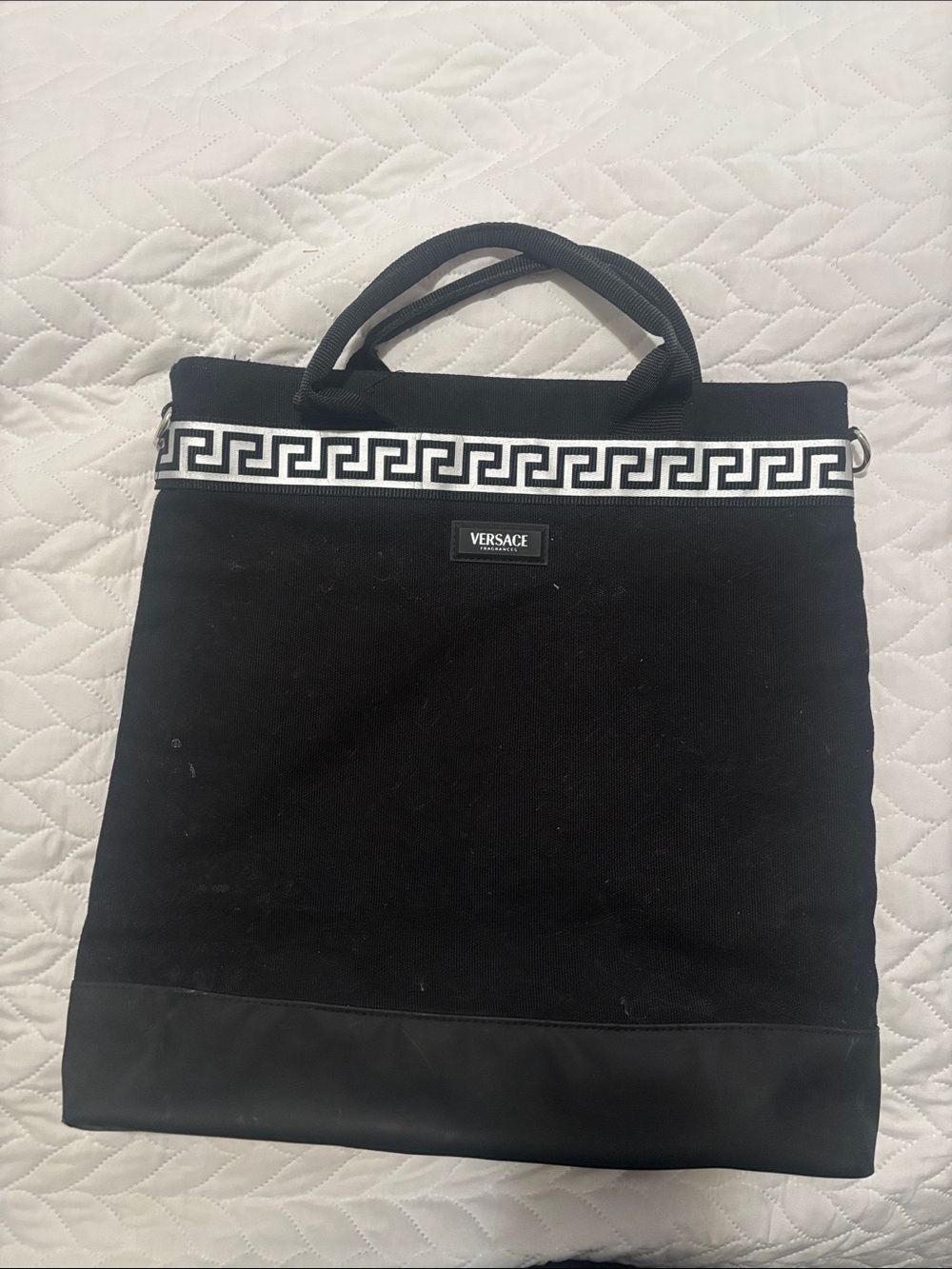 Versace Black Messenger Bag with White Greek Key Trim